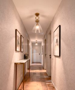 Plafonska lampa Emerson u mesing zavrsnoj obradi sa providnim staklom u elegantnom enterijeru ulaznog hodnika