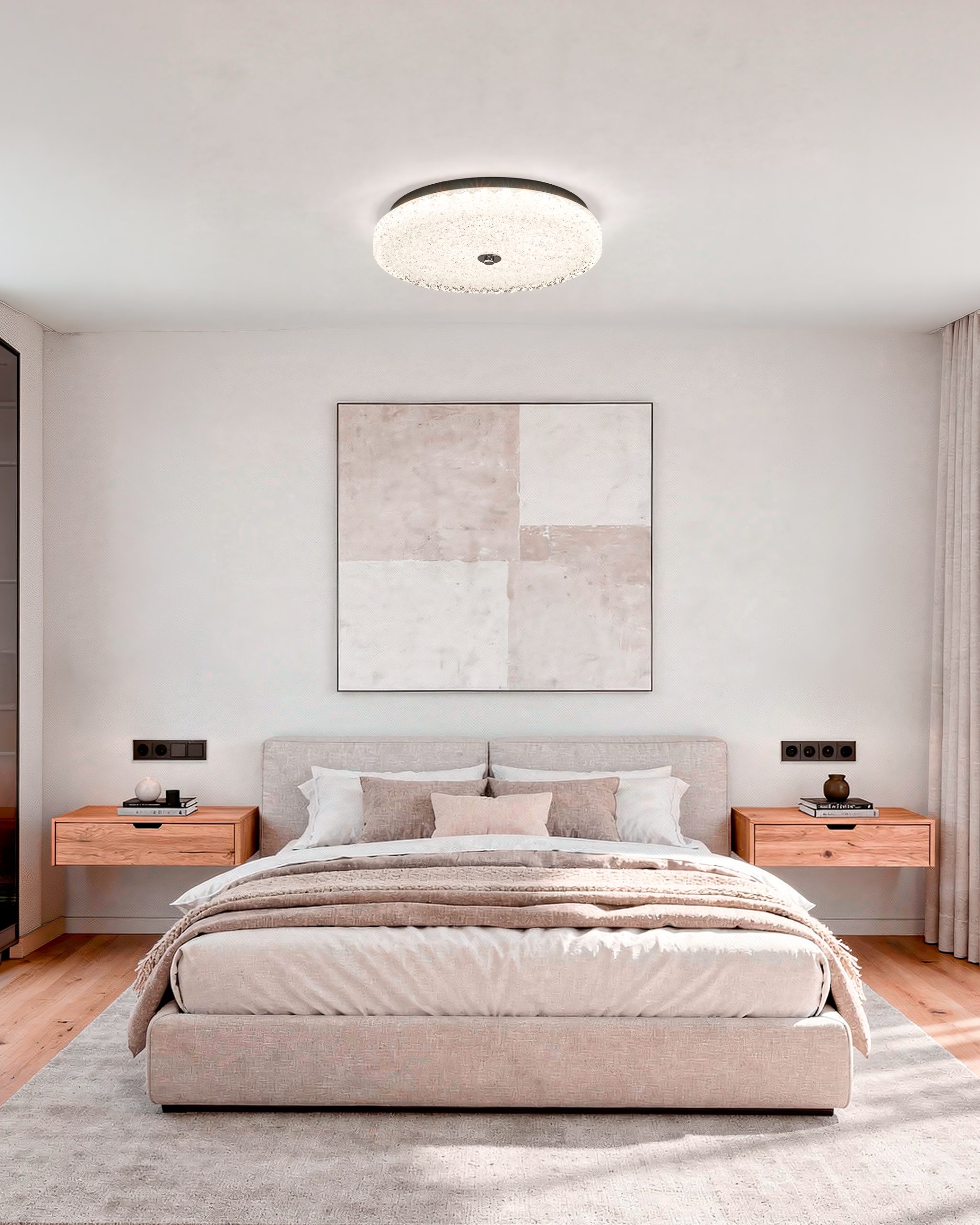 LED plafonjerka Glis u minimalističkoj spavaćoj sobi