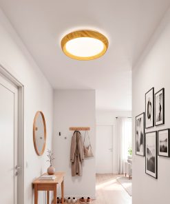LED plafonjerka Mind u minimalističkom hodniku sa drvenim detaljima